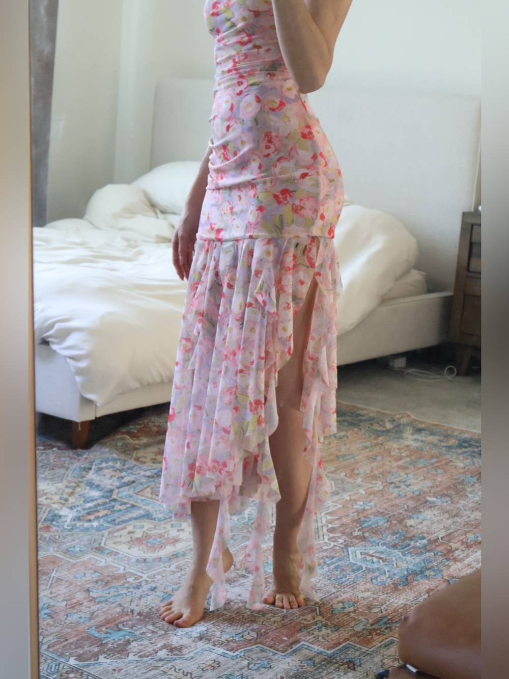 Zara Pink Floral Strapless Ruffle Midi Dress